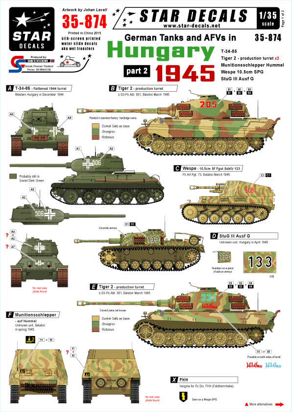 1/35 ドイツ戦車 ハンガリー1945 #2 T-34/85、ティーガーII、III突、フンメル弾薬運搬車、ヴェスペ デカール
