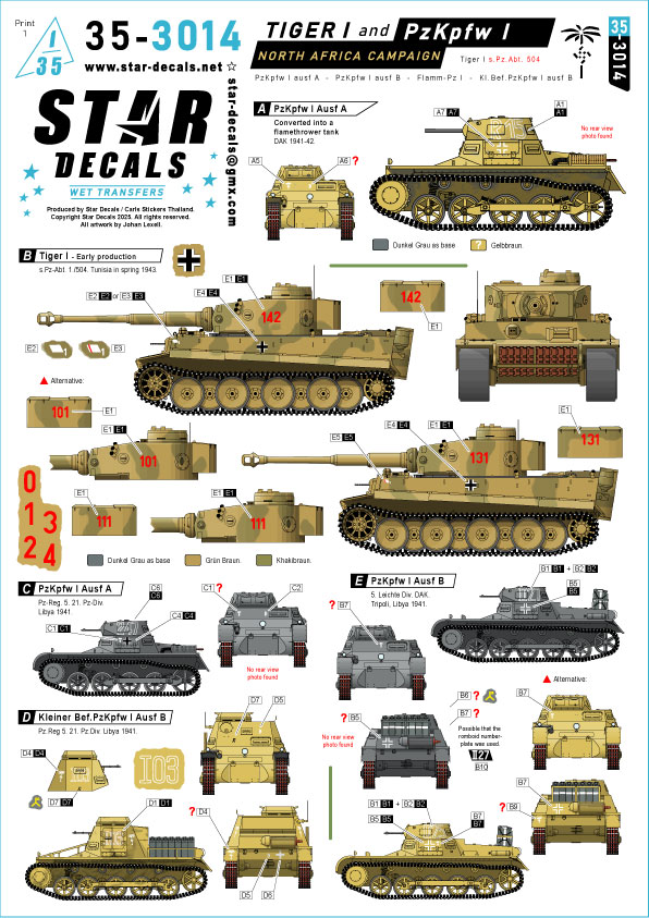 1/35 WWII ドイツ 北アフリカ戦線のタイガーI重戦車とI号戦車 タイガーI初期型/I号戦車A型/B型/火炎放射戦車/指揮 1/35 WWII ドイツ 北アフリカ戦線のタイガーI重戦車とI号戦車 タイガーI初期型/I号戦車A型/B型/火炎放射戦車/指揮