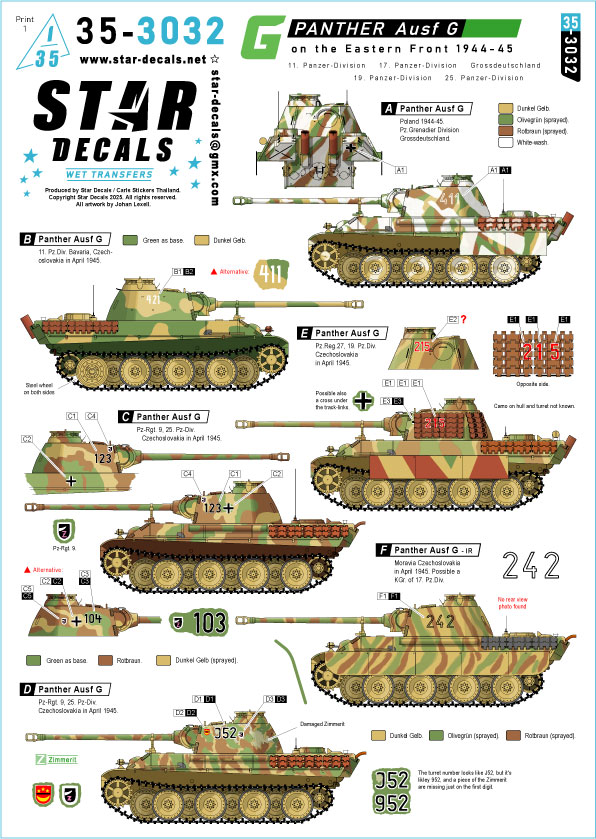 1/35 WWII ドイツ 東部戦線1944-45年のパンサーG型 第11装甲師団/第17装甲師団/第19装甲師団/第25装甲師 1/35 WWII ドイツ 東部戦線1944-45年のパンサーG型 第11装甲師団/第17装甲師団/第19装甲師団/第25装甲師
