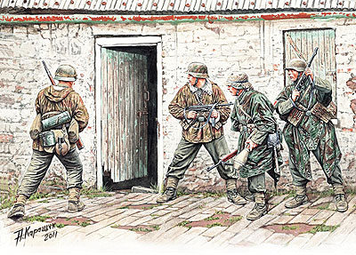 1/35　ドイツ歩兵4体西部戦線1944-45年迷彩スモック＆ポンチョ
