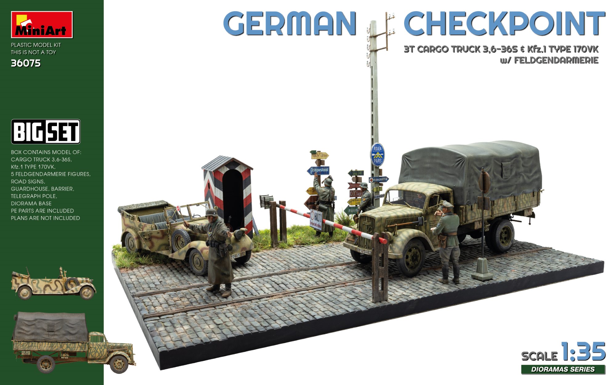 【予約する】 1/35 ドイツ軍検問所 3t 貨物トラック 3.6-36S & Kfz.1 タイプ 170VK w/野戦憲兵隊 【予約する】 1/35 ドイツ軍検問所 3t 貨物トラック 3.6-36S & Kfz.1 タイプ 170VK w/野戦憲兵隊