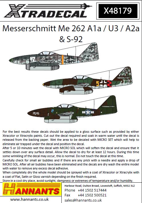 1/48　Messerschmitt Me 262A1a/U3/A2A/ S-92